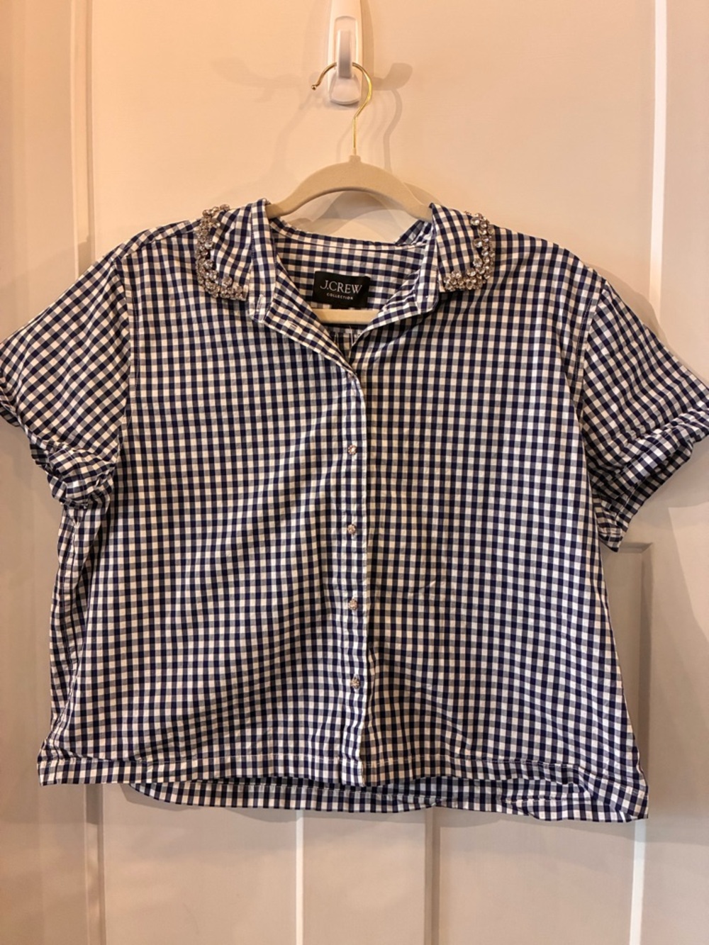 J. Crew Navy & White Gingham Jeweled Collar Button-Up